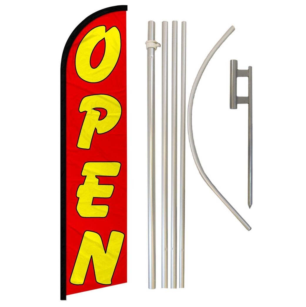 Open Windless Full Curve Advertising Open Banner Flag & Pole Kit (Red/Yellow)