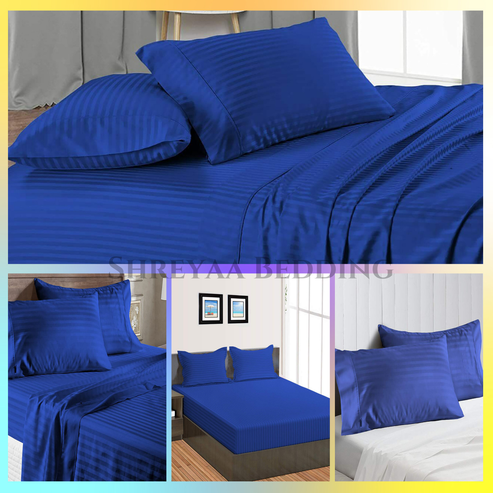 Extra Deep Pocket Bed Sheets 1000 - 1200 TC Egyptian Cotton Royal Blue Stripe