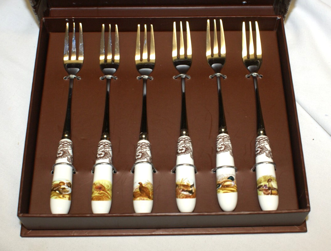 6 Spode Woodland Motif Cocktail Pastry Forks Porcelain Ceramic Stainless Steel