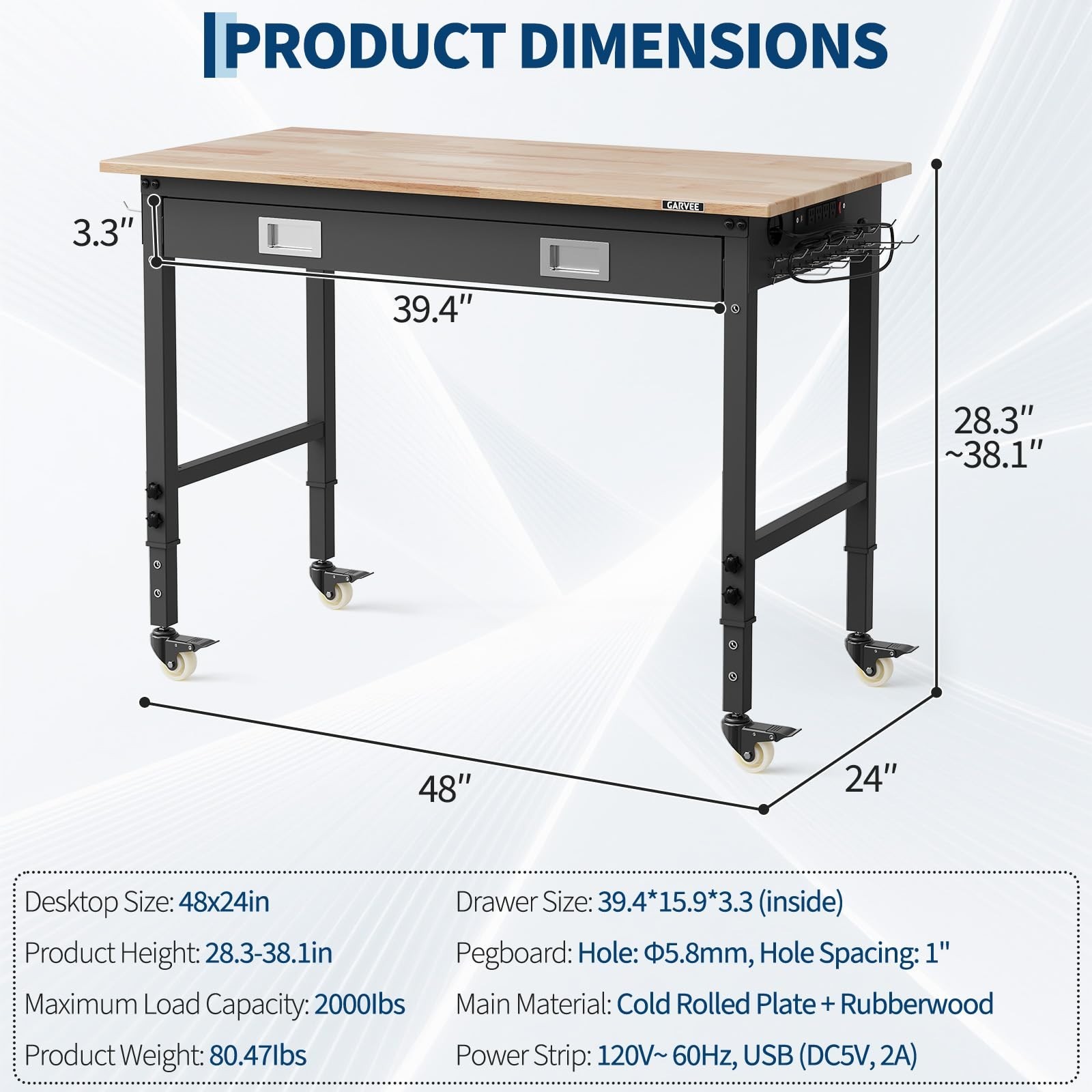 48" Adjustable Workbench, Workbench Heavy-Duty Work Table w/Power Outlets&Wheels