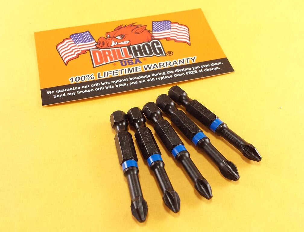 Drill Hog® #2 Phillips Impact Driver Bits 2"x2" Power P2 Lifetime Warranty 5 Pcs