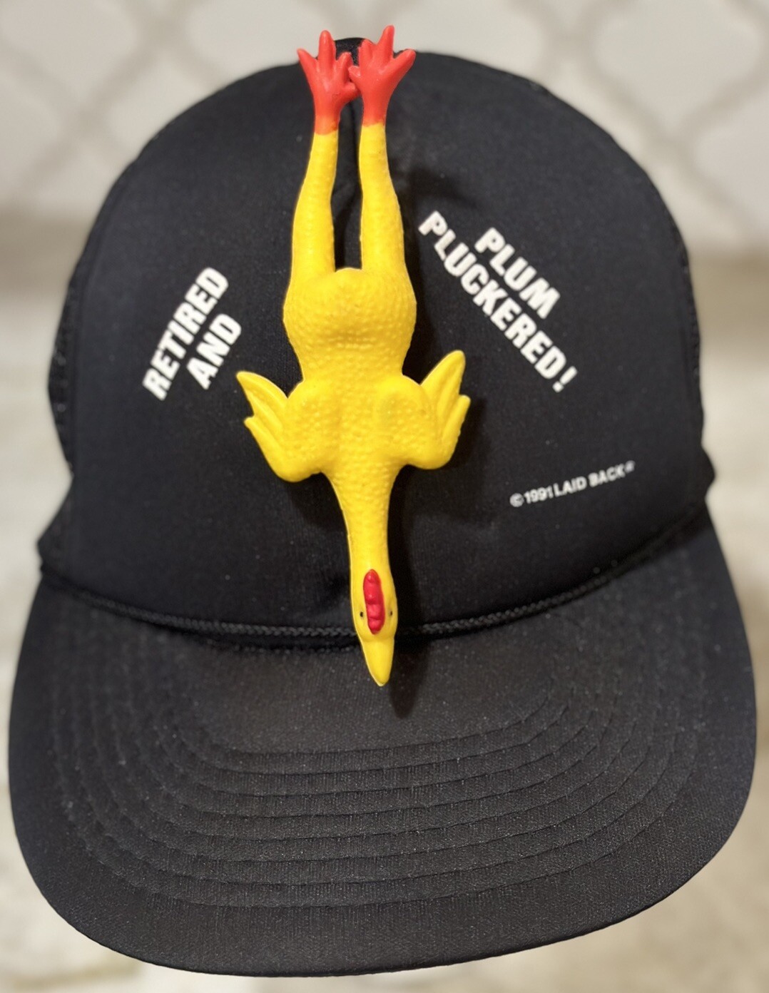 VTG Hat Retired 90s Rubber Chicken Gag Joke Plum Pluckered Laid Back