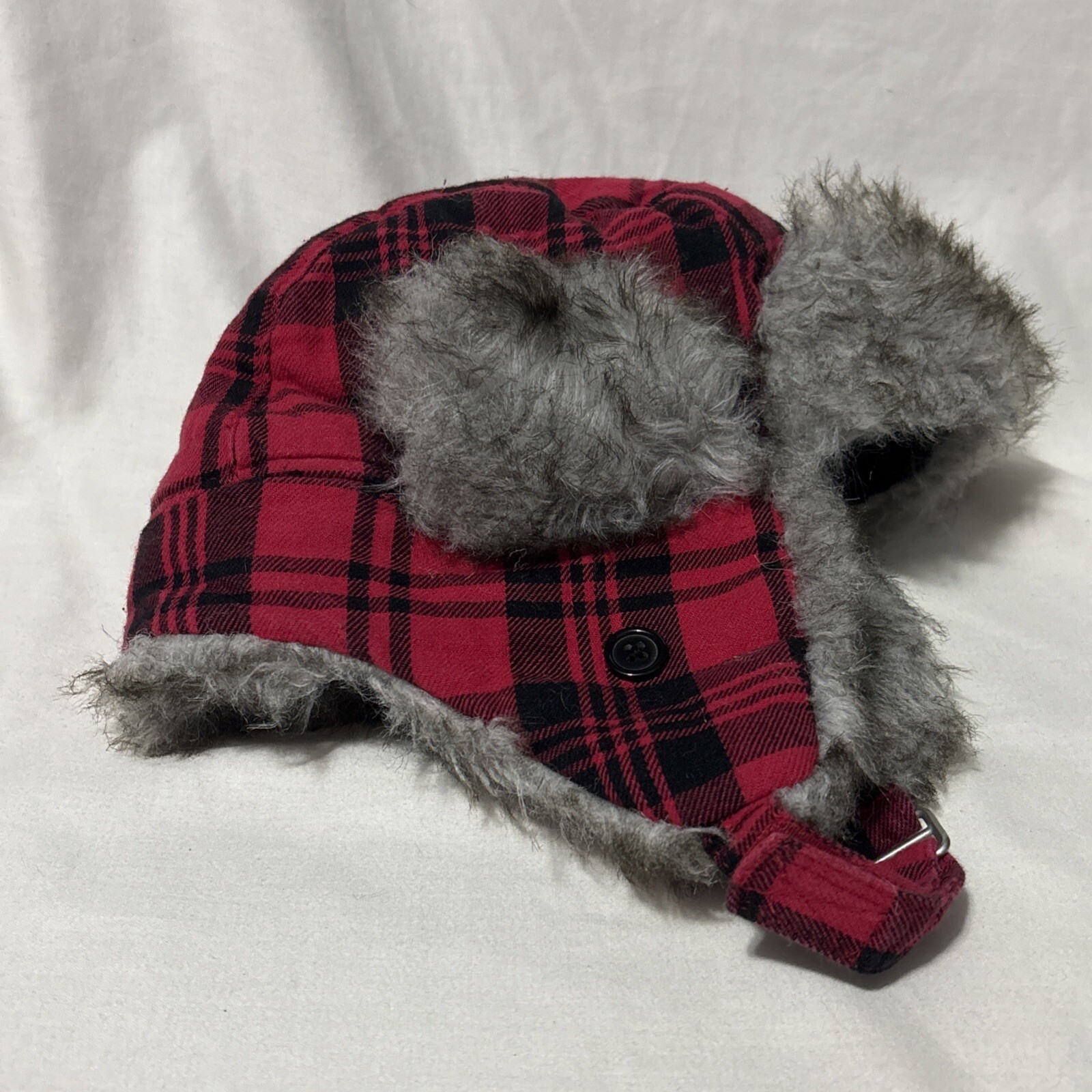 The Children's Place Trapper Hat Red Flannel Plaid Faux Fur 4-7 S/M