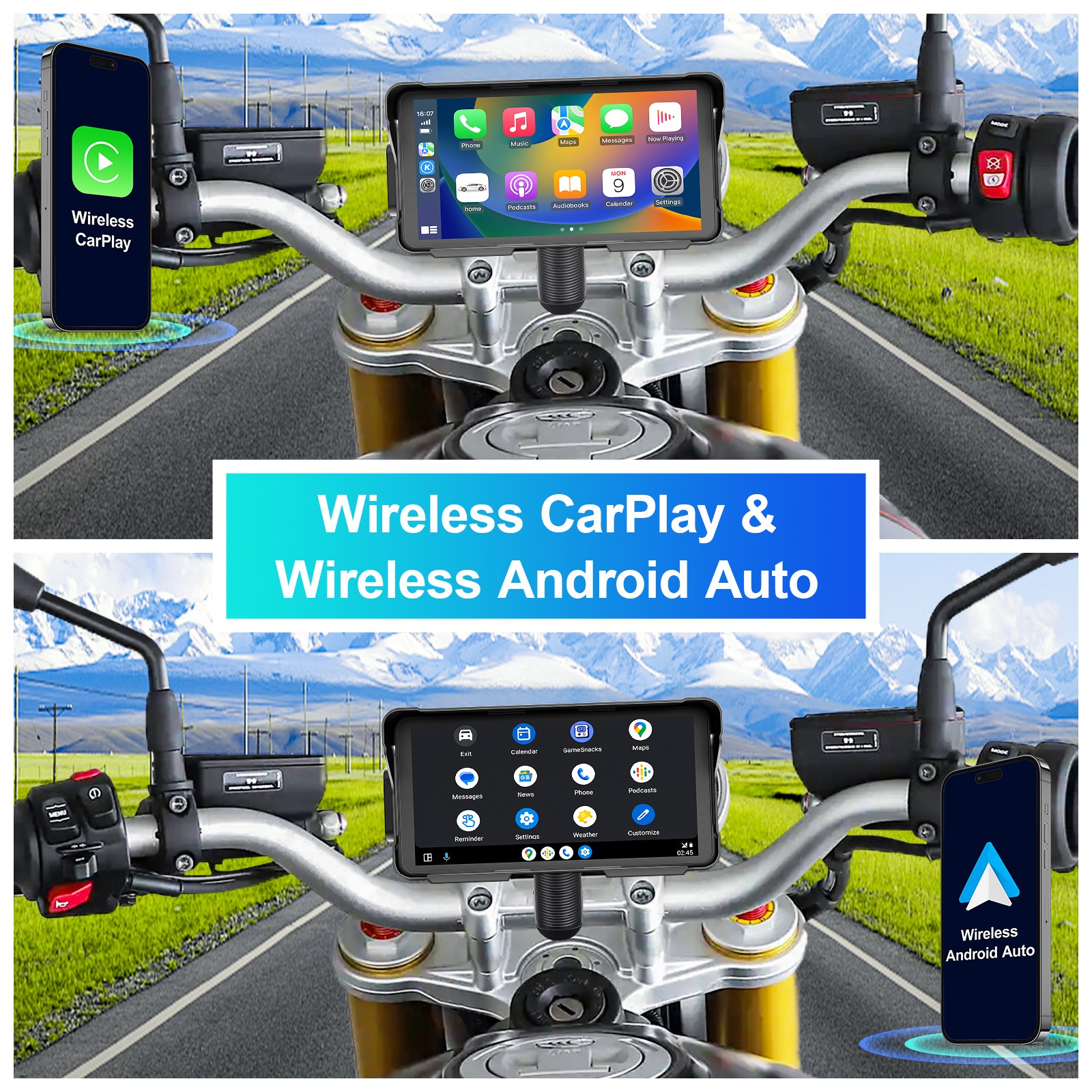 Motorcycle Carplay 5.5" Screen Wireless Android Auto Dash Cam TPMS Waterproof