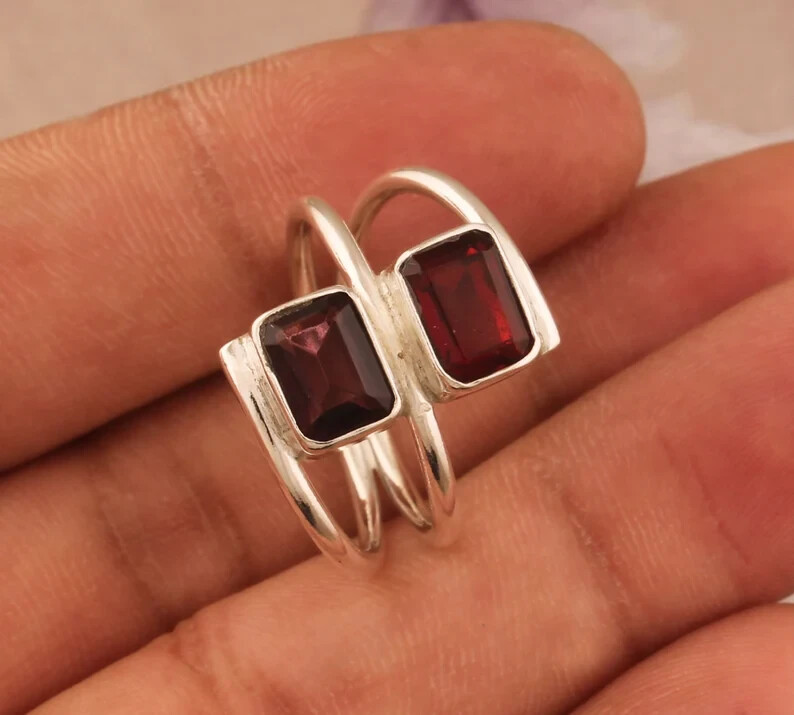 Natural Red Garnet Baguette Cut Stone Solid 925 Sterling Silver Ring , All Size