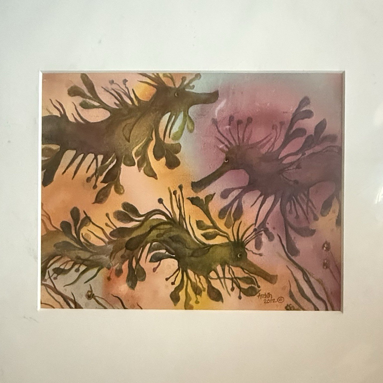 Original Watercolor "Leafy Sea Dragons No. 1" by Ardith – Framed Mat 14x16
