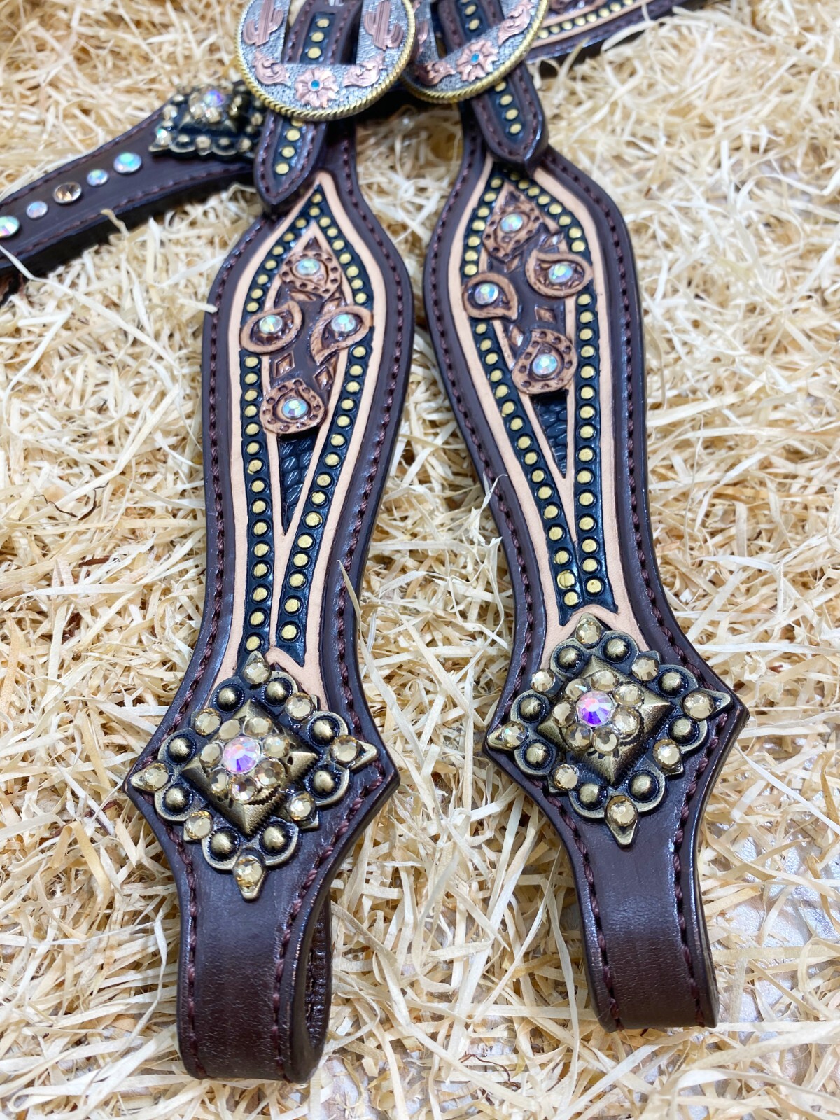 Western Leather Headstall Set Horse Decorated with Paisley Carving Gifts MOUSM