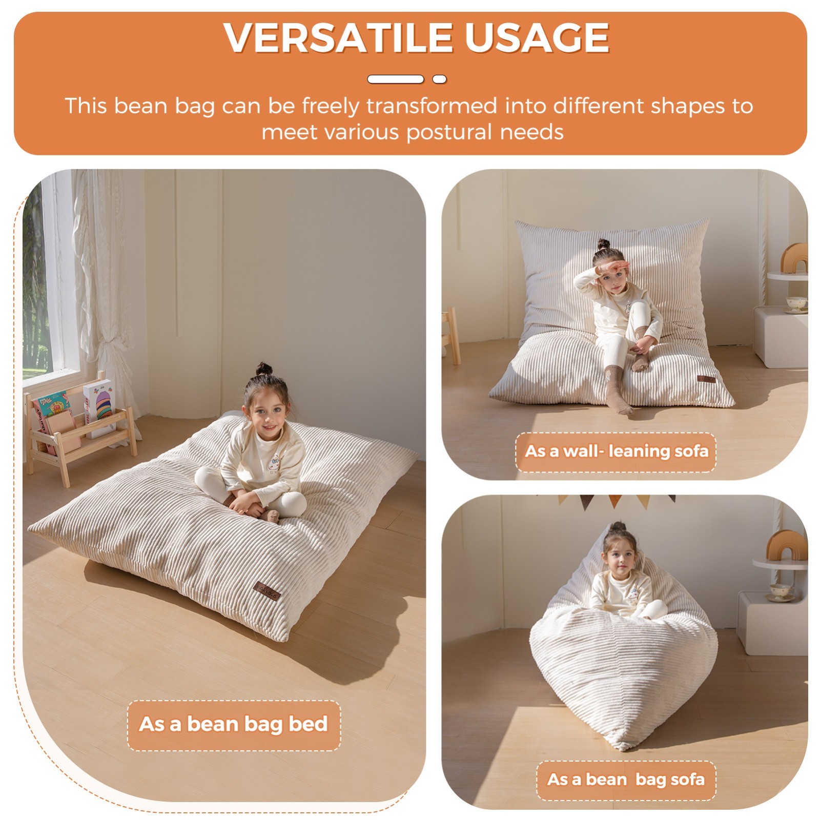 MAXYOYO 3-in-1 Kids Bean Bag Bed,Convertible Kids Bean Bag Chair Floor Lounger