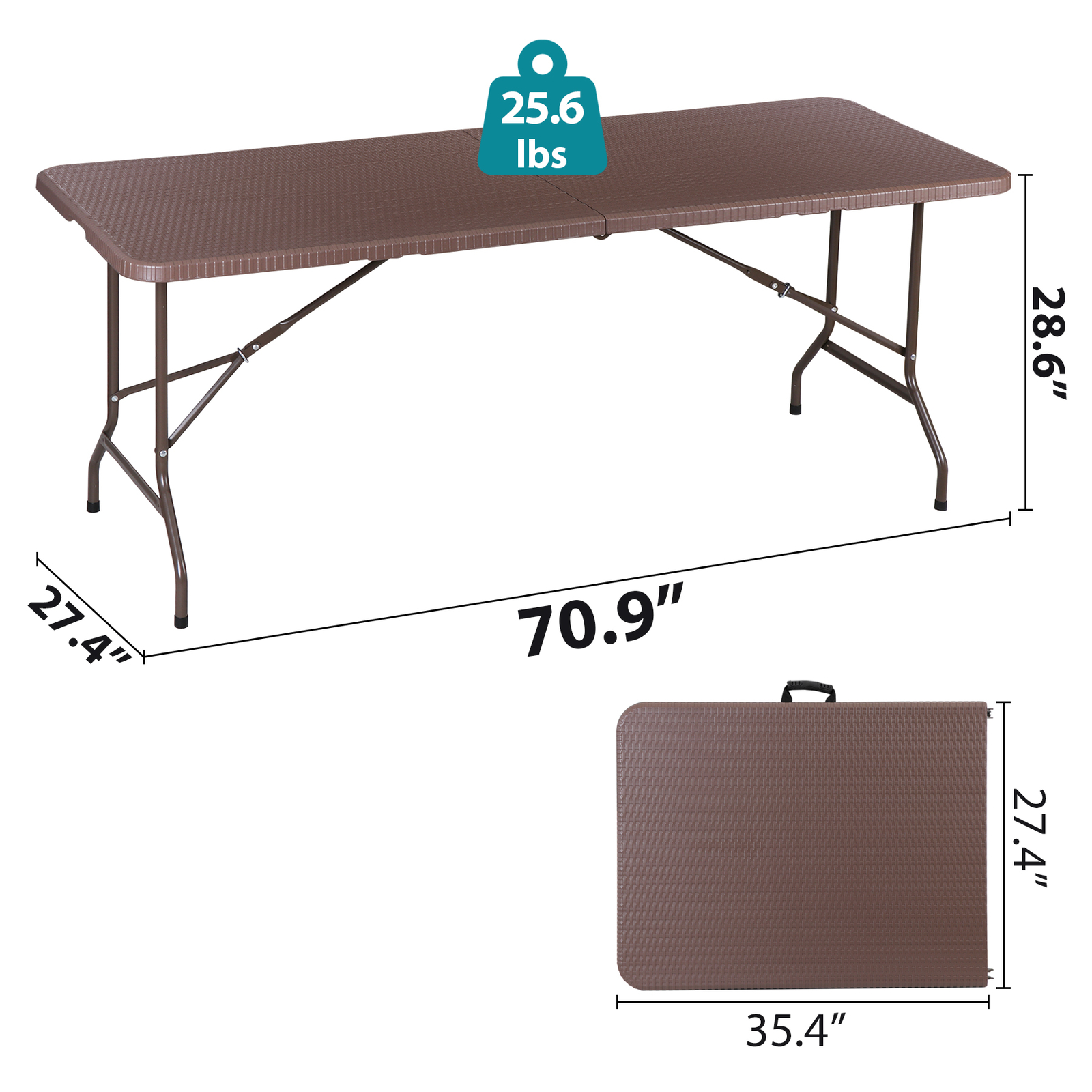 6FT Plastic Folding Table - Folds in Half w/ Carrying Handle Rectangular Brown