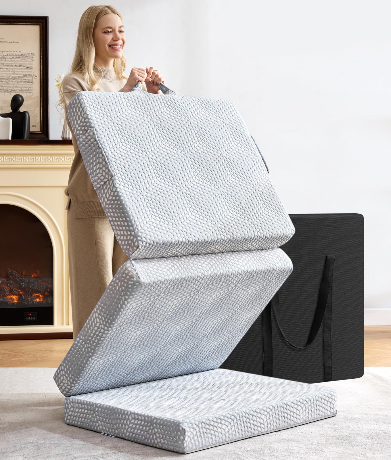 Memory Foam Folding Topper 3.8 Inch Single Size with Protable Storage Bag, Tr...