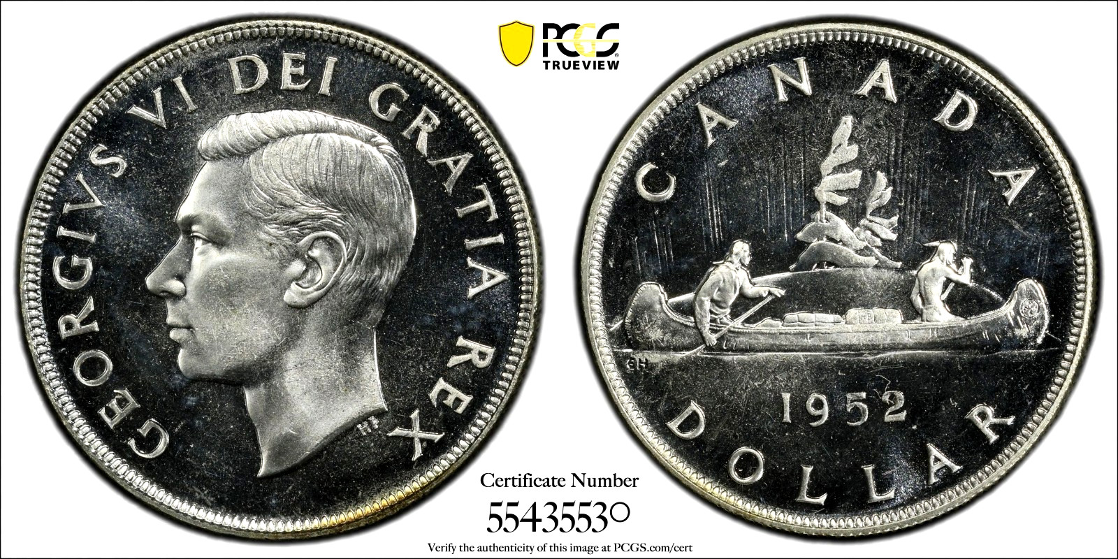 CANADA 1952 SILVER DOLLAR PCGS PL66 PROOFLIKE NO WATER LINES