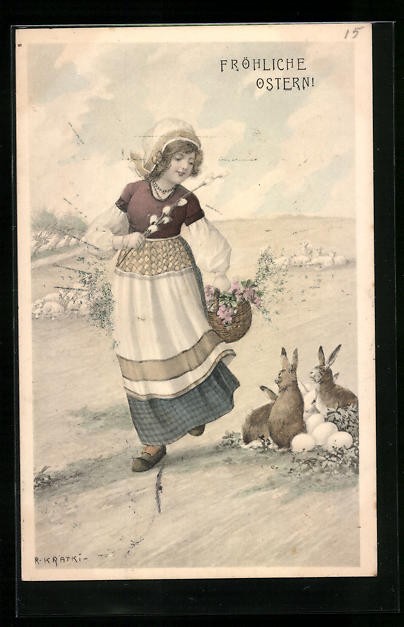 Artist postcard R. Kratky: girl with bunnies and eggs, Easter greeting 1906