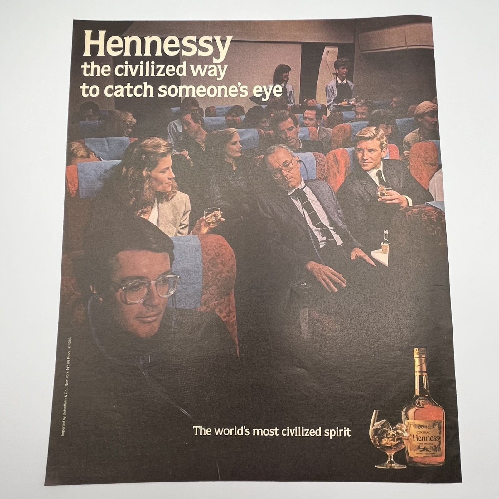 Hennessy Cognac 1986 Print Ad 10"x12" flirting on airplane catch someones eye