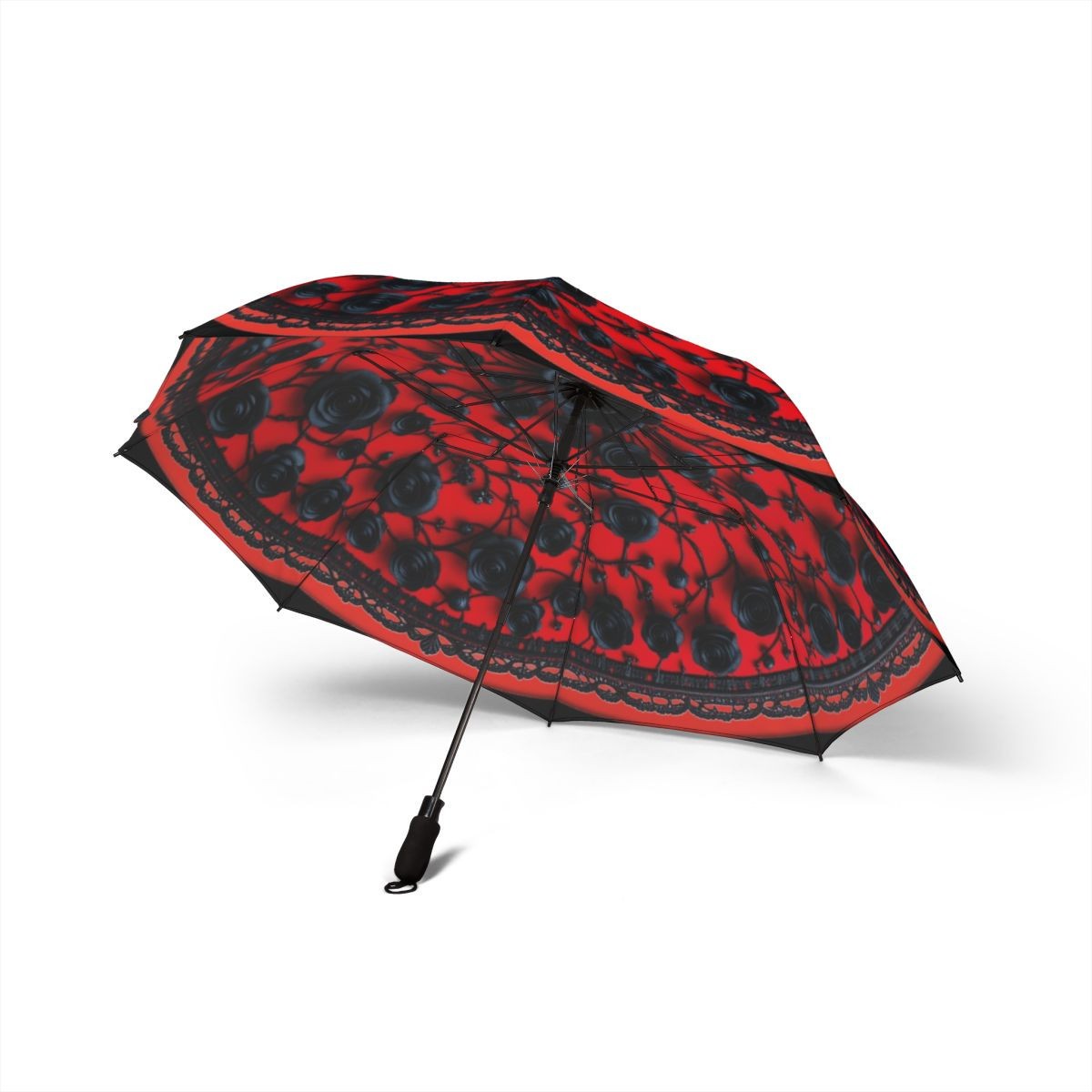 Red Black Gothic Umbrella Waterproof Folding Compact Flower Printed Umbrella