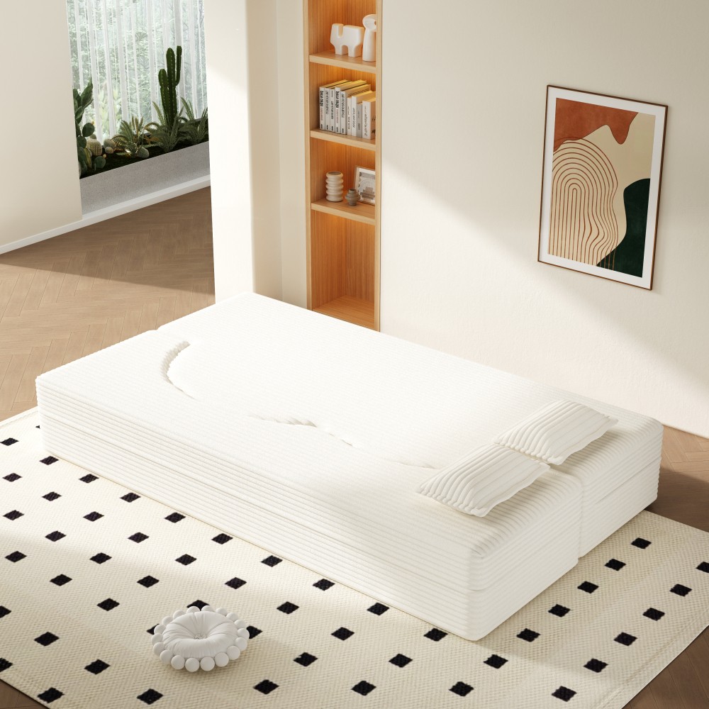 Twin Floor Sofa Bed w/Mattress, Corduroy Lounger & Pillows, Beige/White