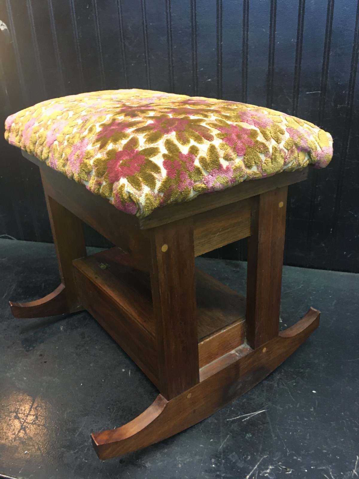 Wood Footstool- Vtg Rocking Floral Tapestry Upholstered Padded Wooden Stool