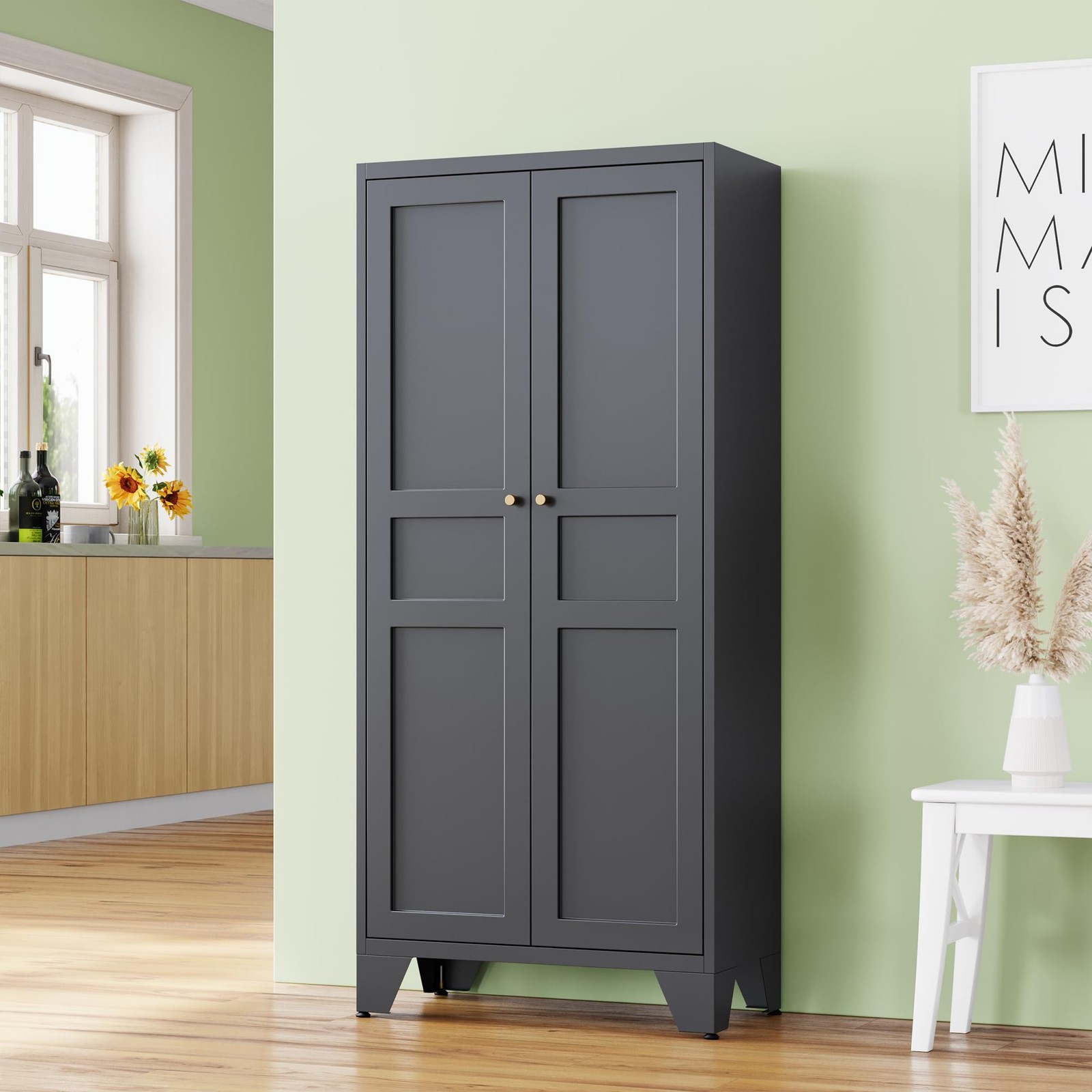 Metal Pantry Cabinet 61" H 2 Doors 4 Adjustable Shelves 5 Tier Black Kitchen