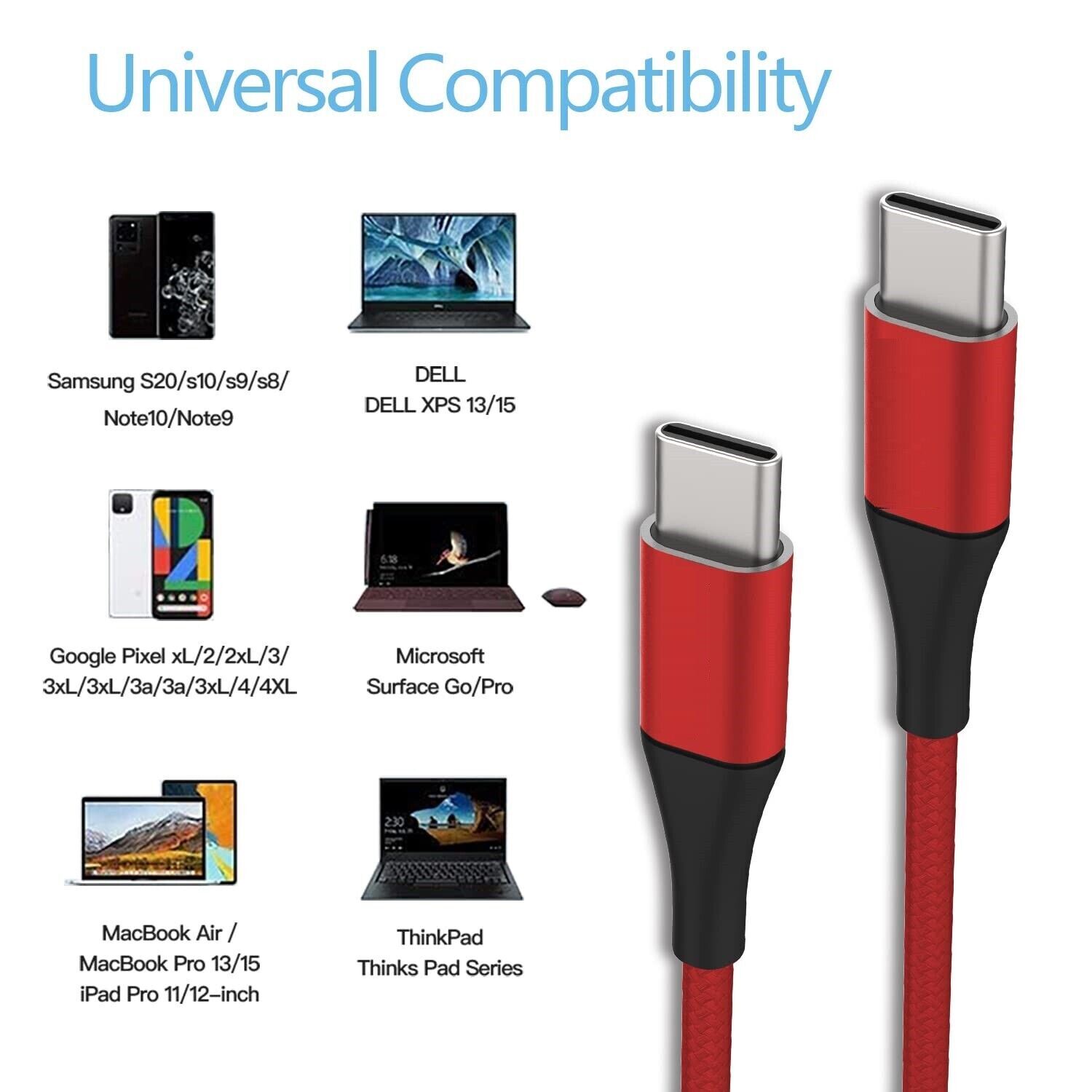 3 Pack USB-C to USB-C Cable Type-C Cable Cord Fast Charger Charging Data Sync