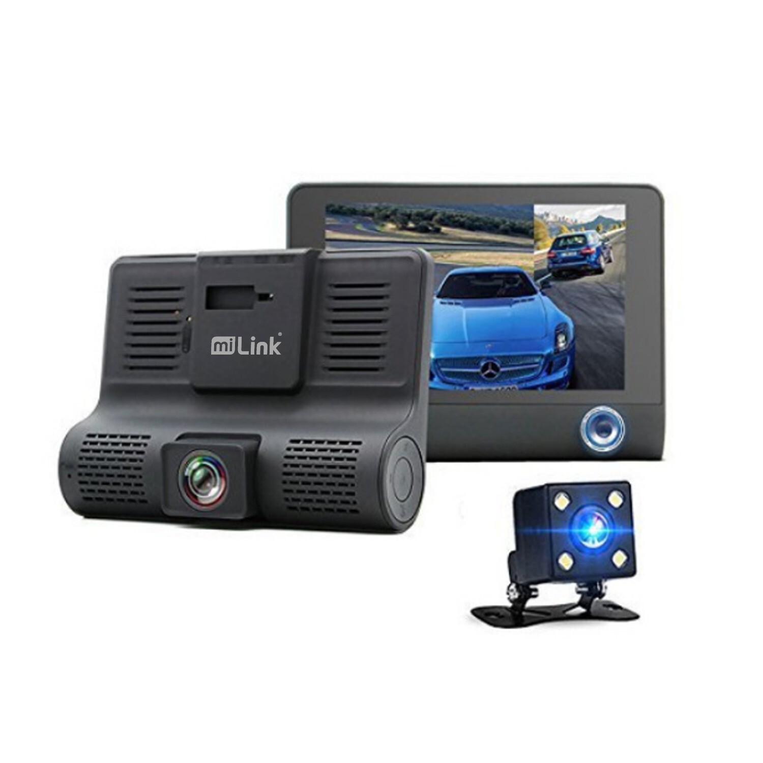 miLink Triple Lens Dashboard Car Rear View Back-up Camera 4.3” Monitor Dash Cam