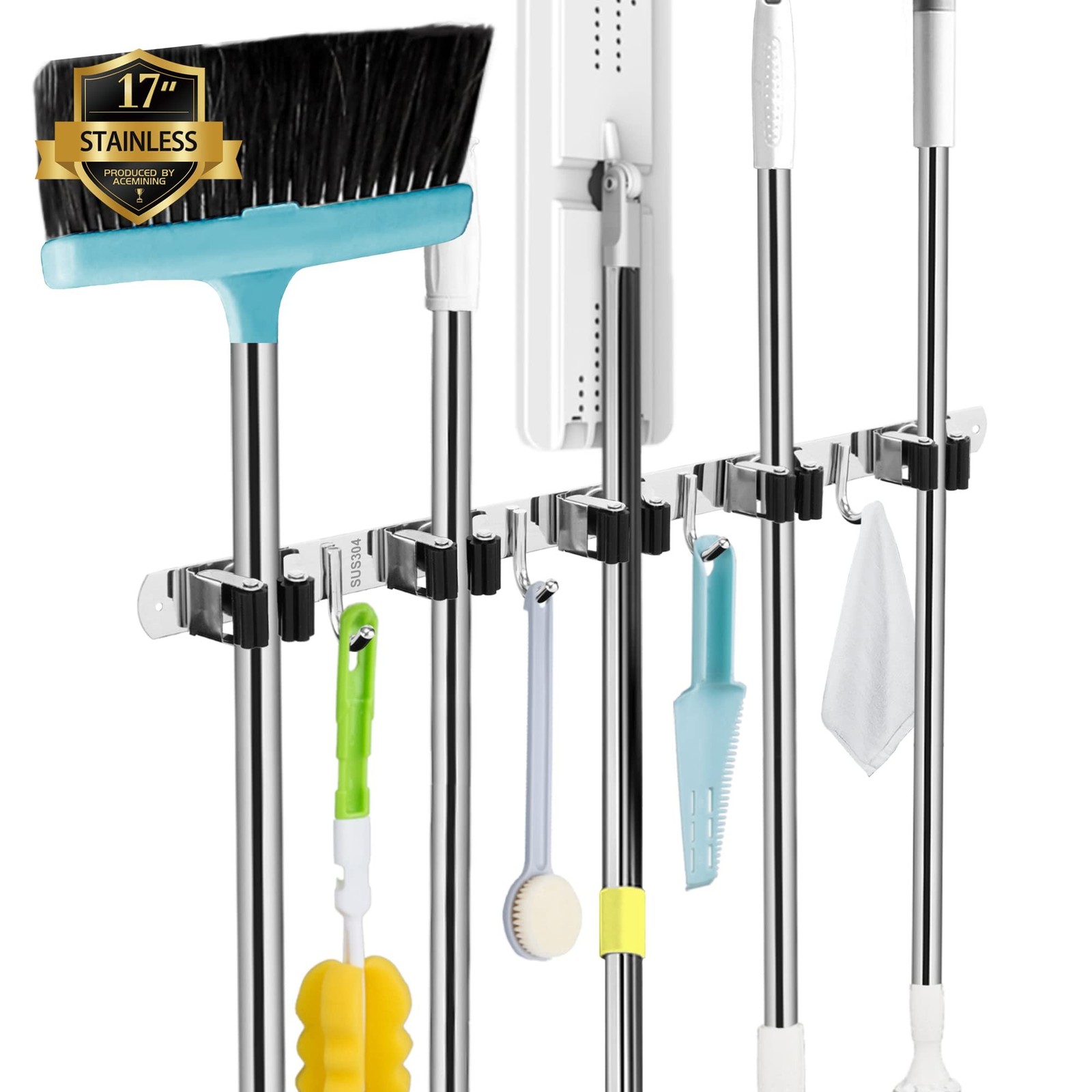 AceMining 5 Racks and 4 Hooks Mop and Broom Holder Wall Mount, Broom Organize...