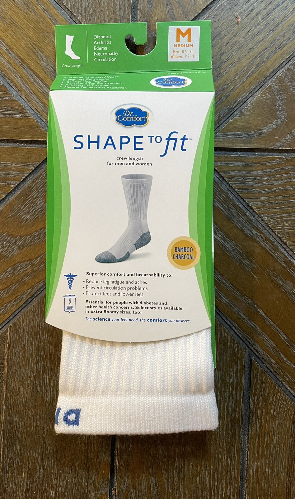 Dr. Comfort Shape to Fit Crew Length Socks Unisex White M Medium Bamboo Charcoal