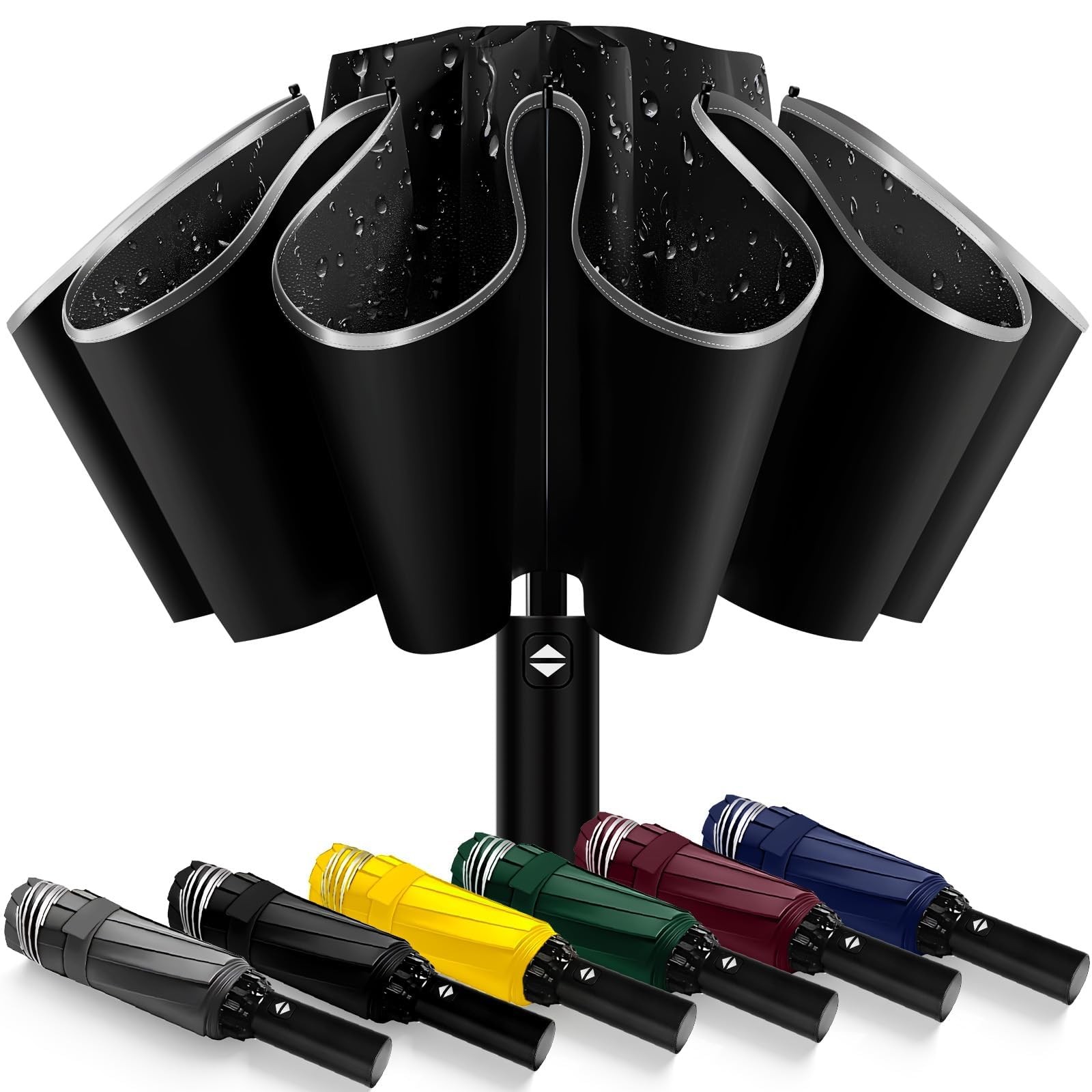 Inverted Automatic Travel Umbrella with Reflective Strip, Windproof & Compact...