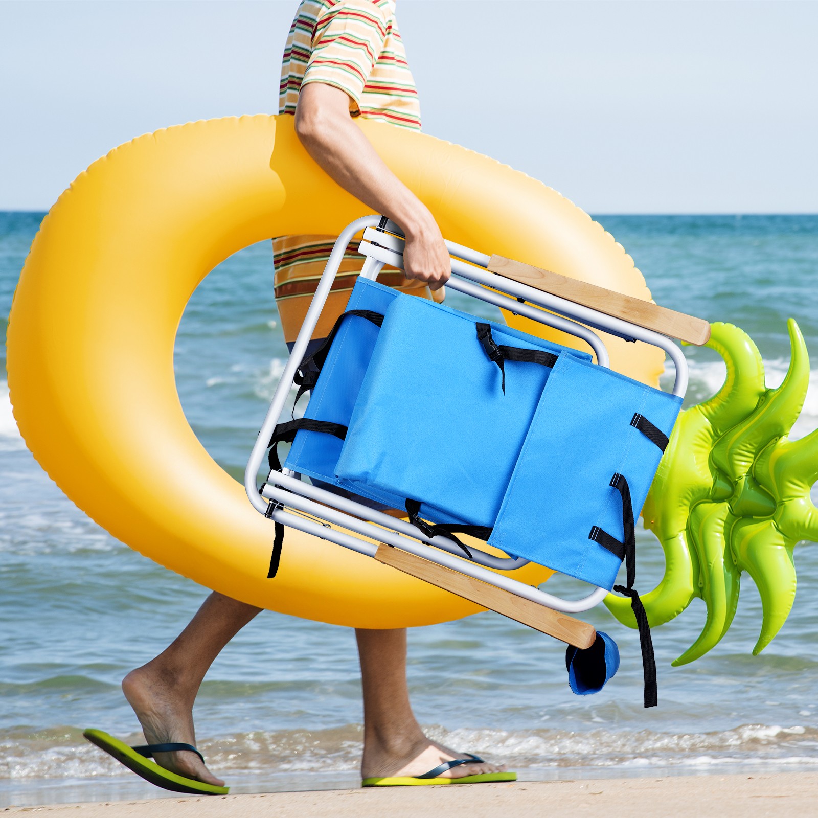 Backpack Beach Chair Folding Portable Chair Blue Solid Construction Color Blue