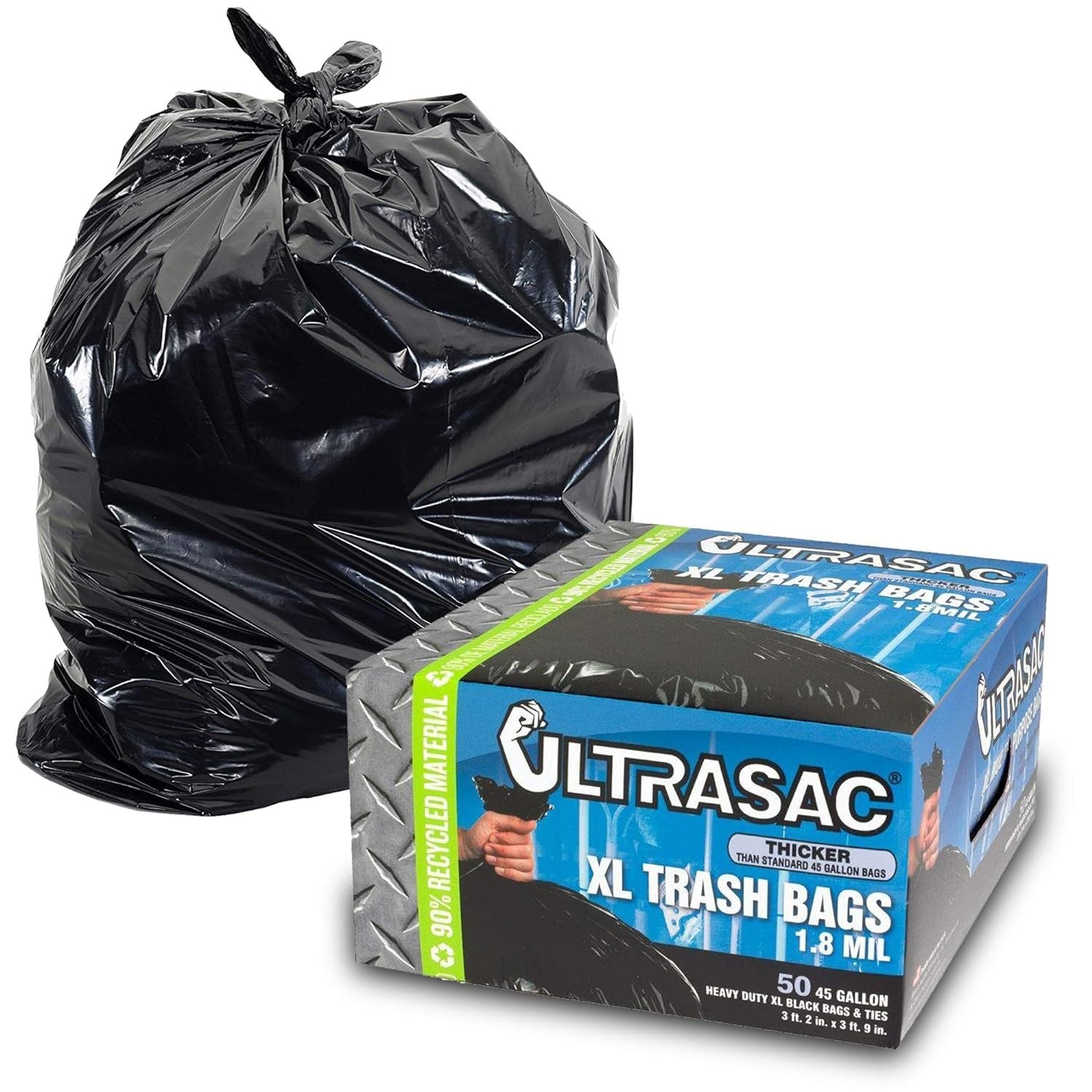 Ultrasac Heavy Duty 45 Gallon Trash Bags Huge 50 Count/w Ties) - 1.8 Black