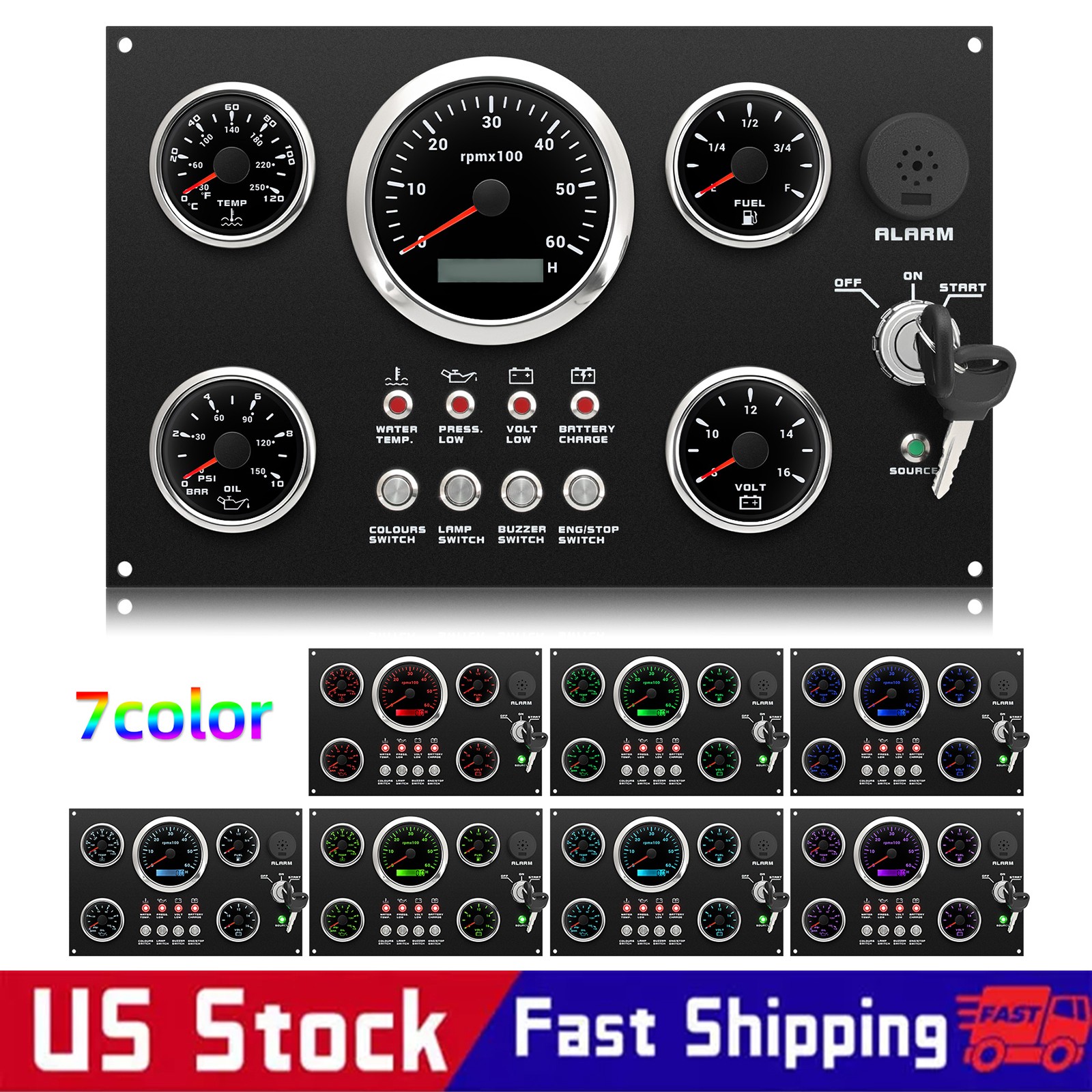 5 Gauge Set with Instrument Panel 0-6000RPM 7 Colors LED For Marine Boat Yacht
