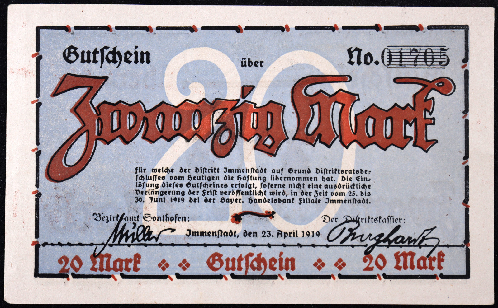 IMMENSTADT 1919 RARE 20 Mark Grossnotgeld German Notgeld Banknote