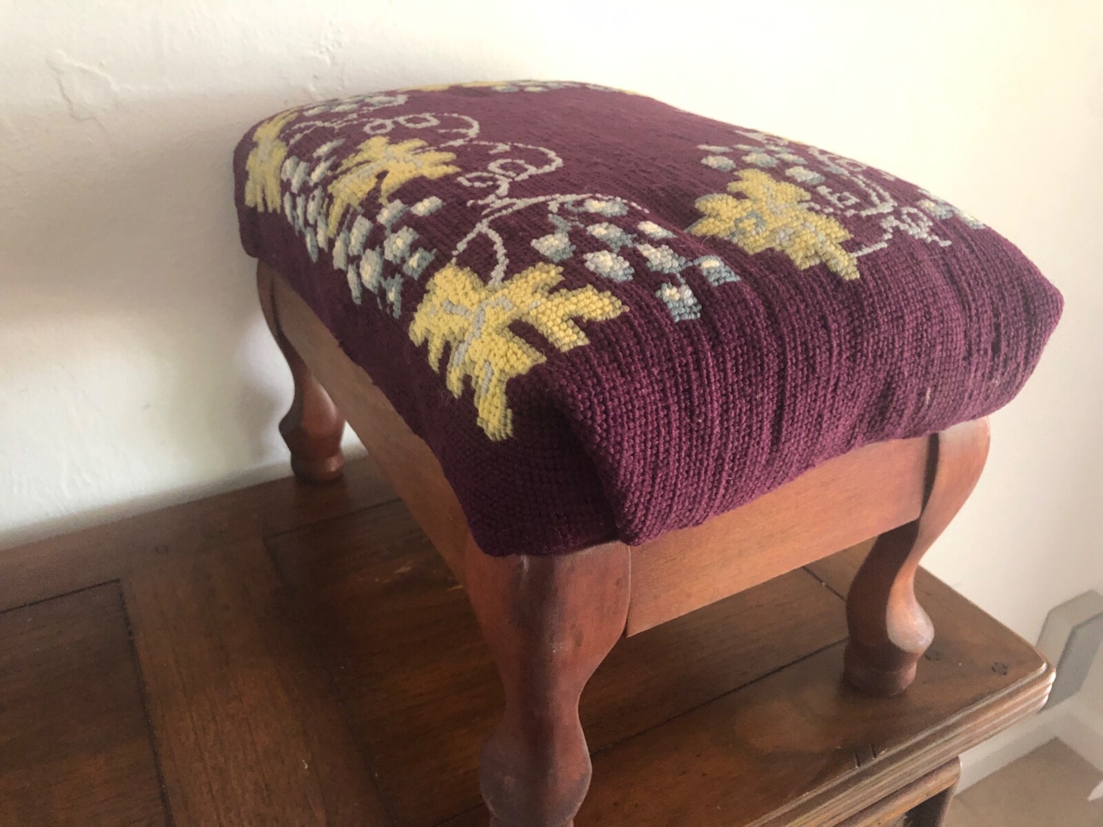 Antique Foot Stool Needlepoint Grapes & Leaf on Plum Background Wool 10" Tall