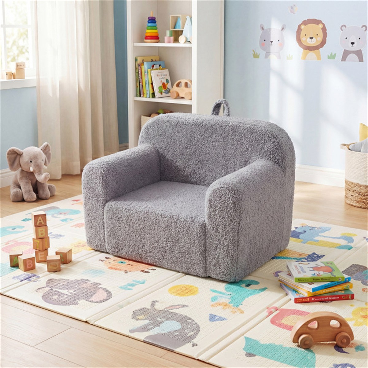 Kids Foam Sofa Chair Teddy Fleece Toddler Couch Lightweight Portable Gray 3+