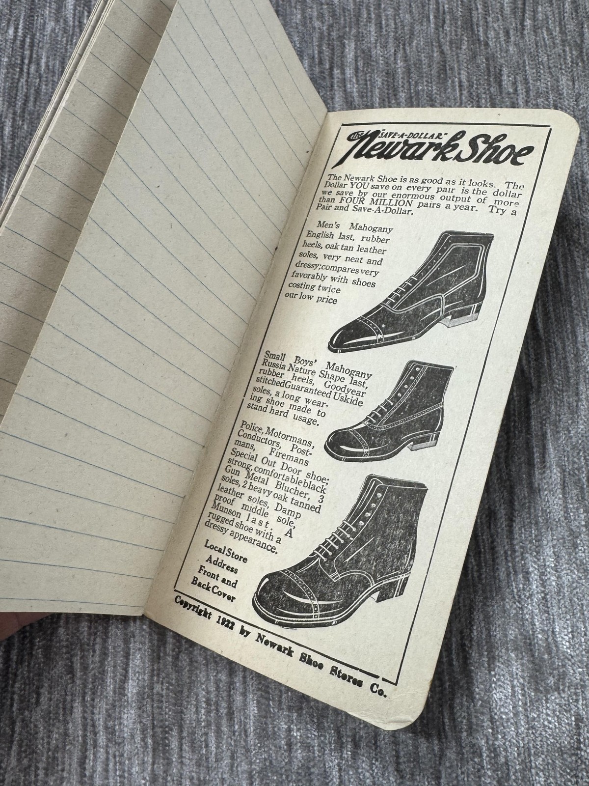 Vintage 1922 Newark Shoe Stores Advertising Pocket Notebook Charleston SC Promo
