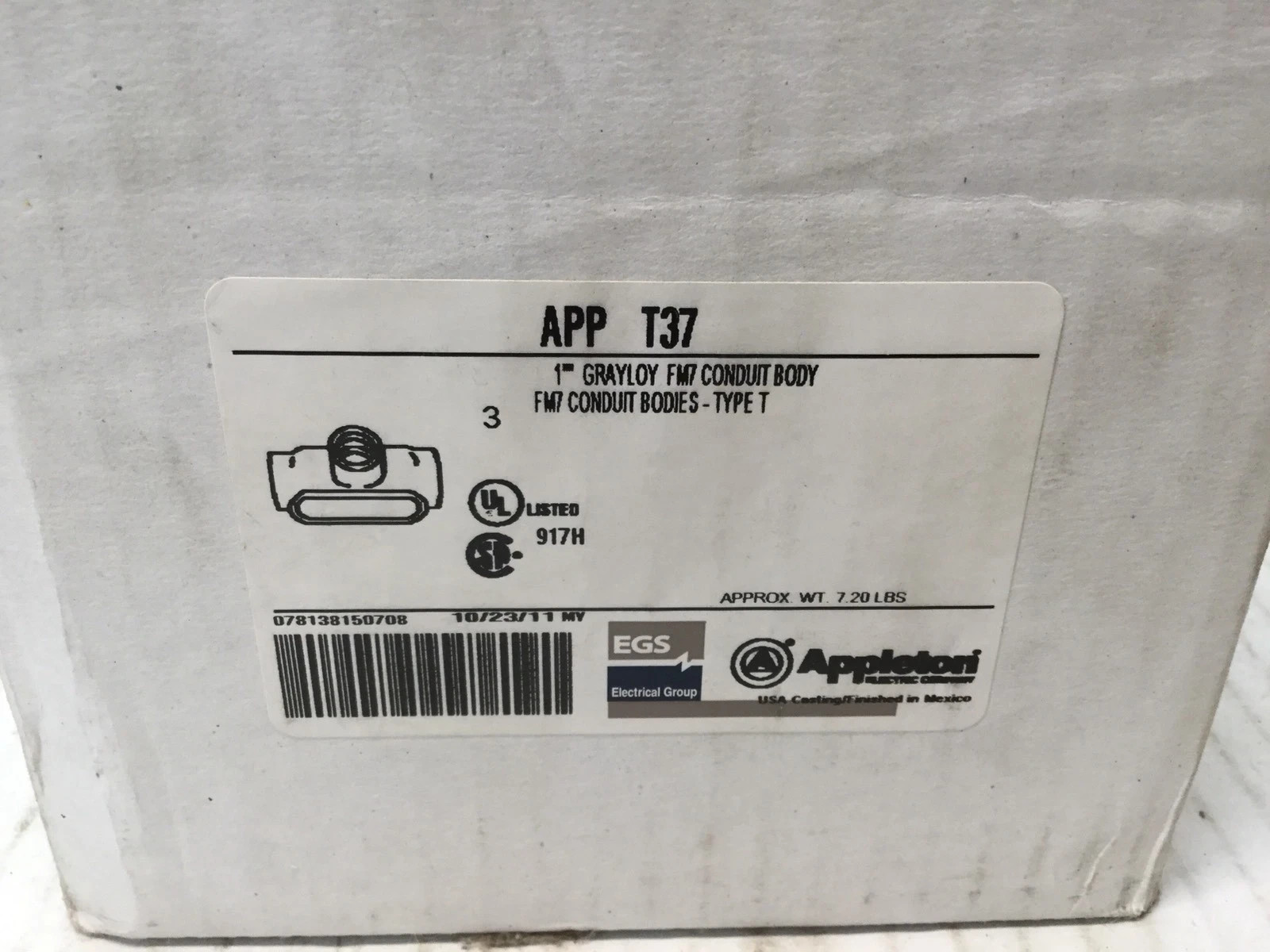 Appleton APP T37 1” Grayloy FM7 Conduit Body Type T (3qty)