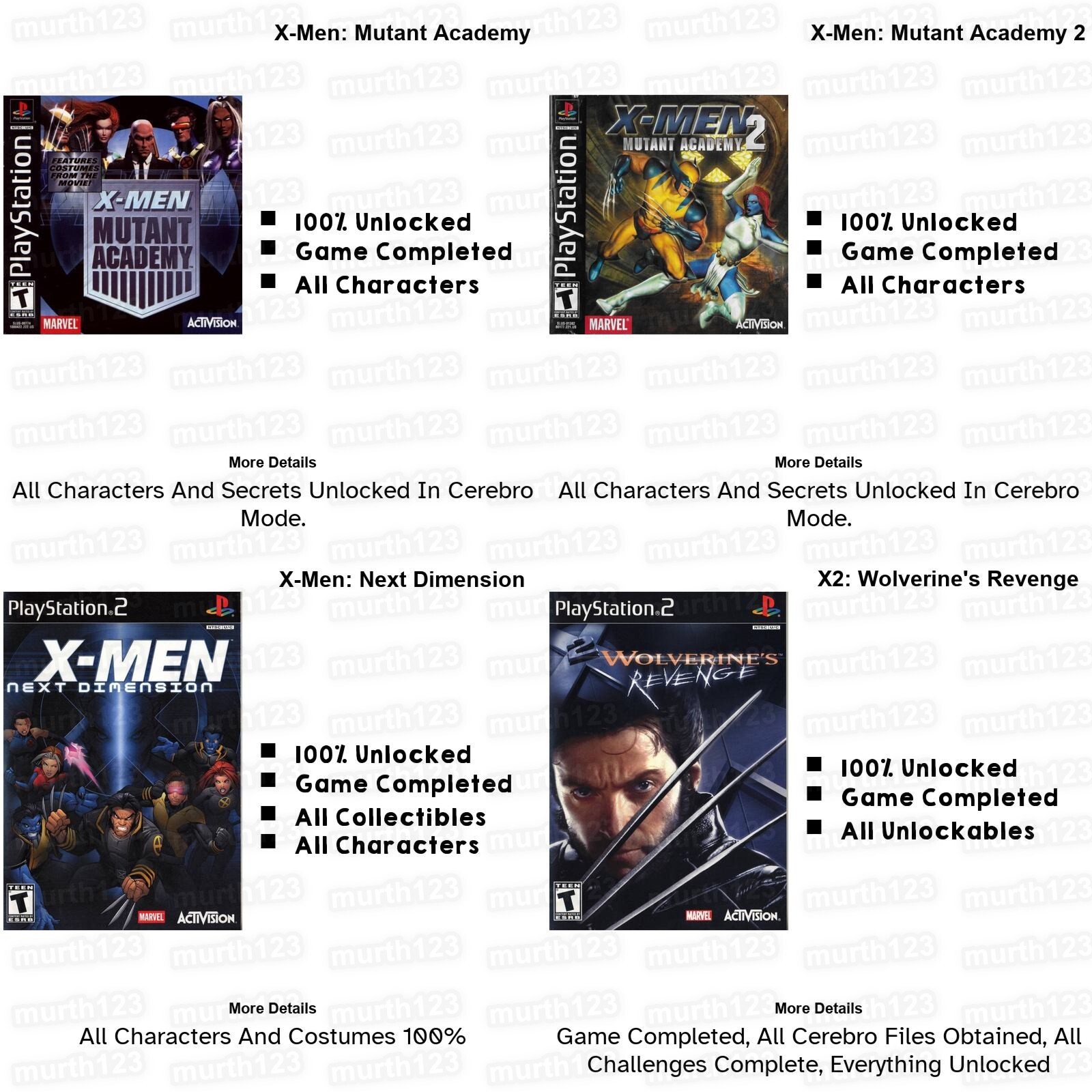 X-Men Origins Wolverine Legends PS1 PS2 Memory Card 100% Completed Unlocked Save