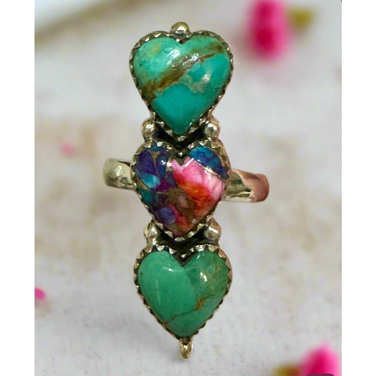 Kingman Turquoise & Pink Spiny Oyster Three Stone Ring Adjustable 925