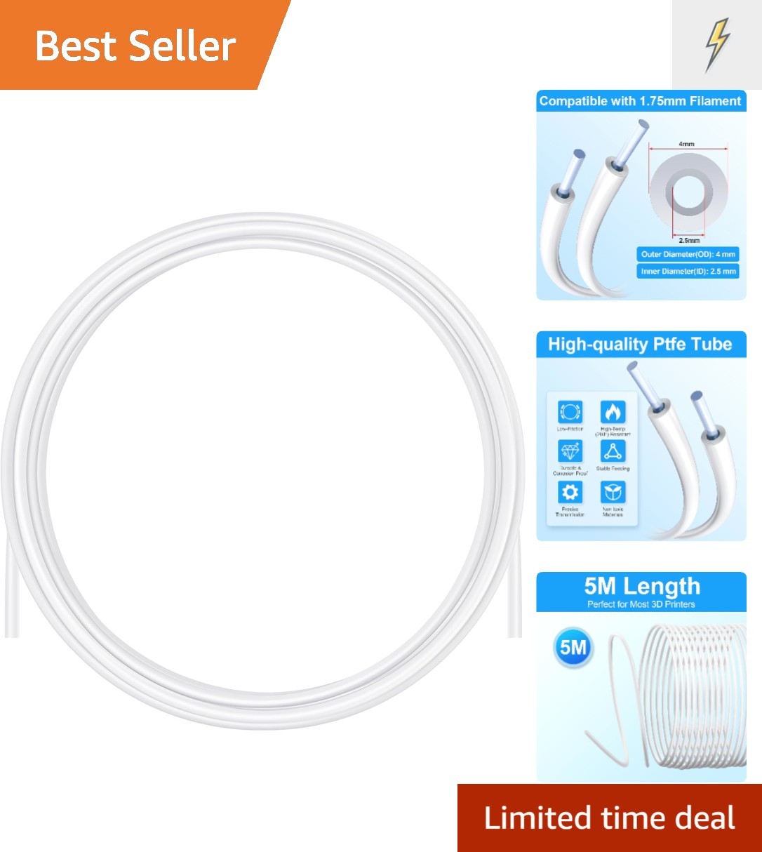 Universal Fit 5m PTFE Tube Low-Friction 16.4ft for 1.75mm Filament 3D Printers