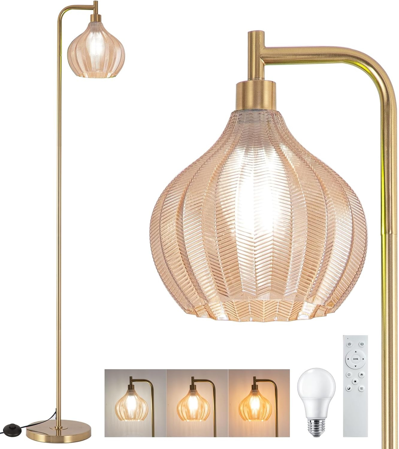 Modern Gold Floor Lamp with Remote, Dimmable & Amber Glass Shade