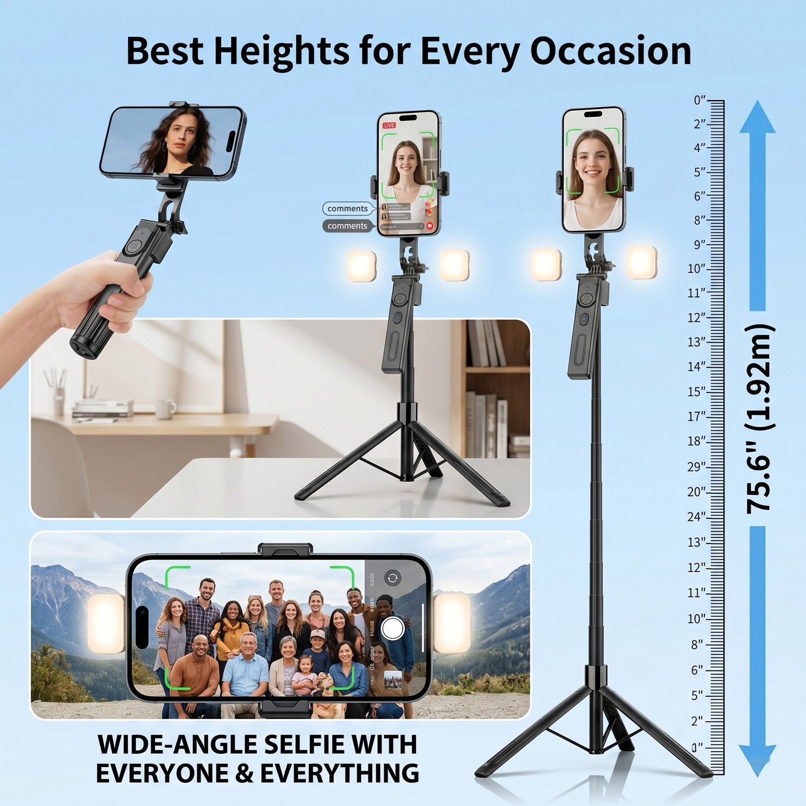 76'' Selfie Stick Auto Face Tracking Tripod 360° Rotation with Remote Control