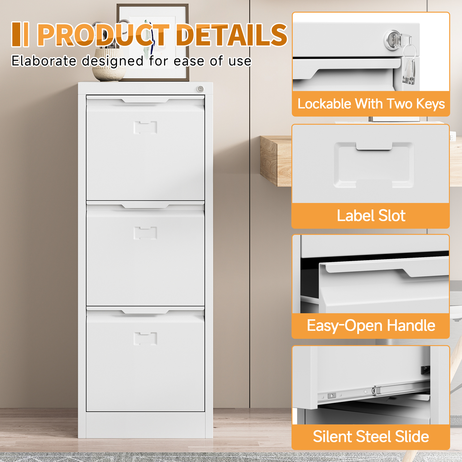 3-Drawer Filing Cabinet Vertical File Cabinet Lockable Office Storage Drawers