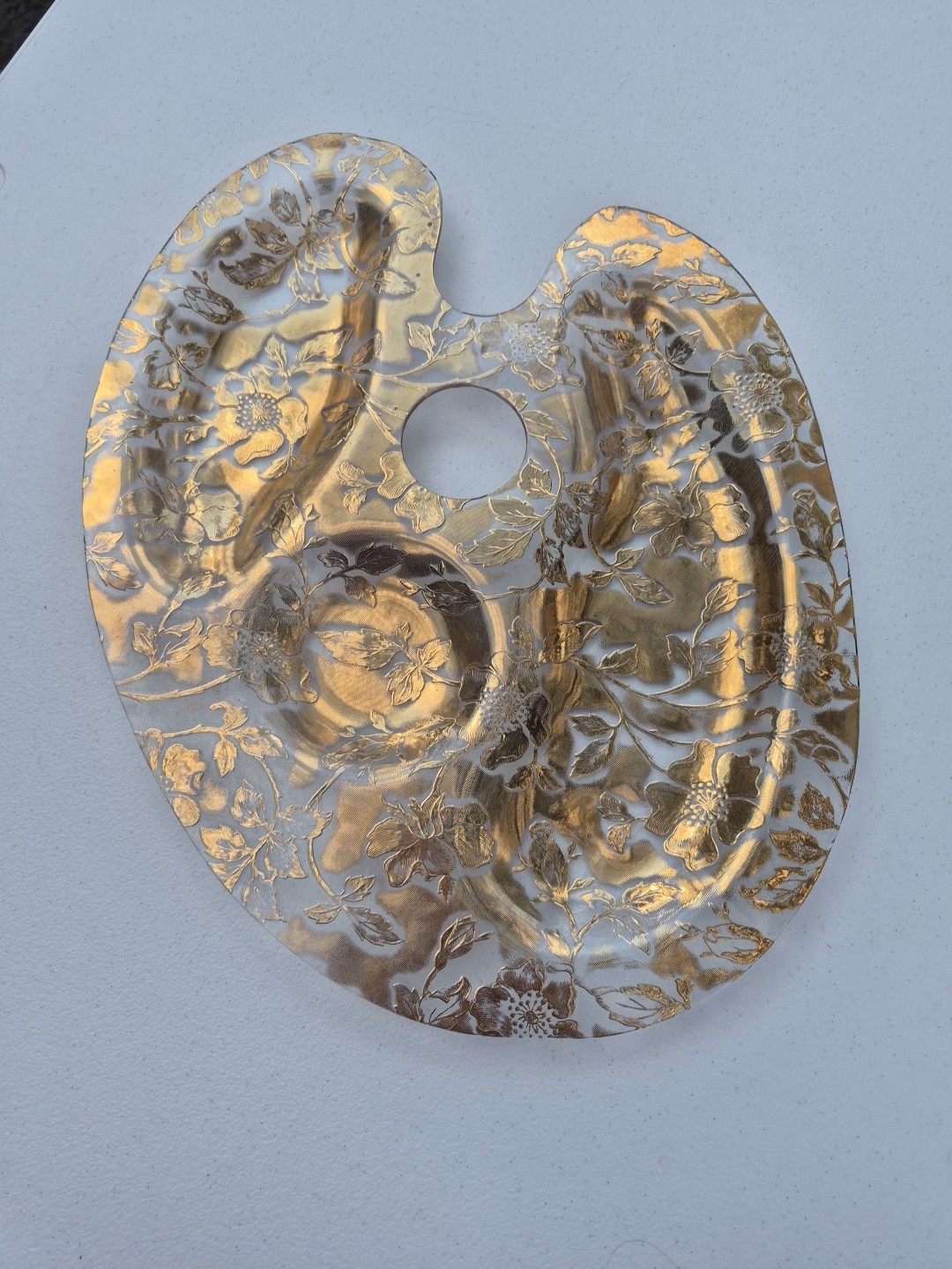 MCM Gold Tone Glass Etched Art Palate Serving Dish