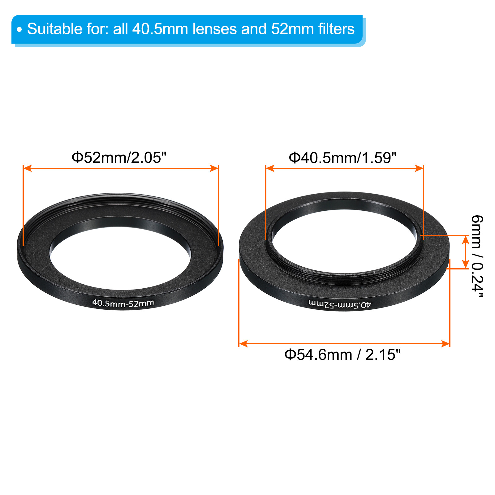2Pcs Metal Step Up Ring 40.5mm-52mm Camera Lens Filter Adapter Ring Black