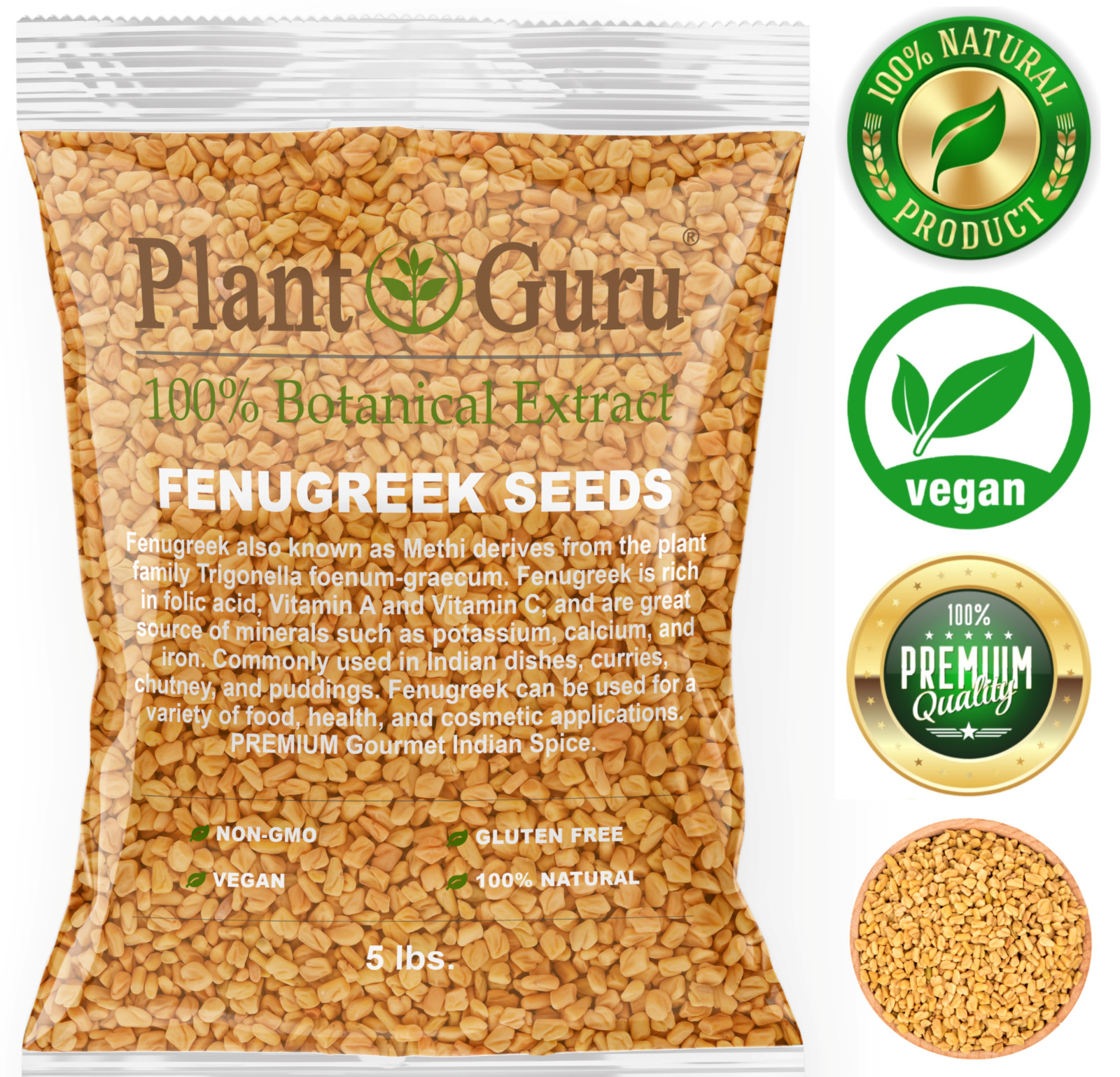 Fenugreek Seeds 5 lbs. Bulk Non-GMO Trigonella Foenum Graecum Whole Methi Seed