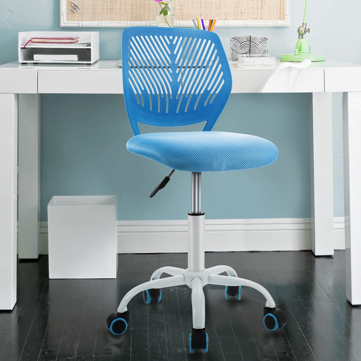 Office Task Desk Armless Chair Adjustable Mid Back Swivel Study Chair Blue