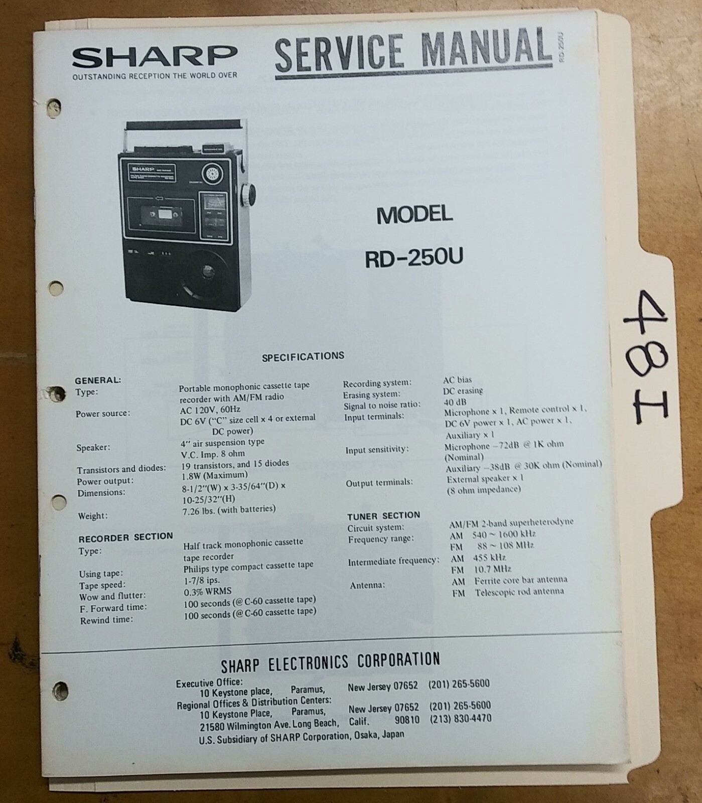 Sharp RD 250U Service Manual Original Repair Book FM AM Radio Tape Recorder