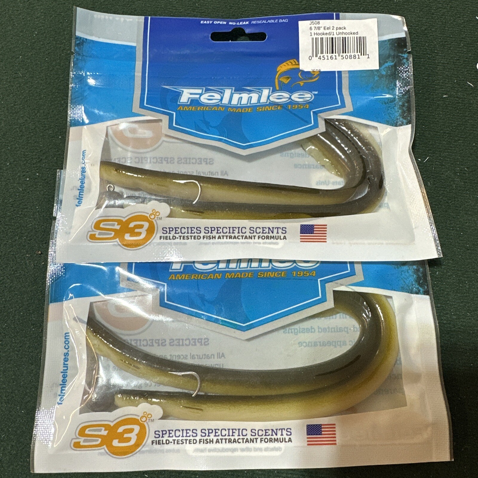 2 Packs Felmlee 6 7/8 Eel Lures 1 Rigged 1 Replacement In Each Pack J508