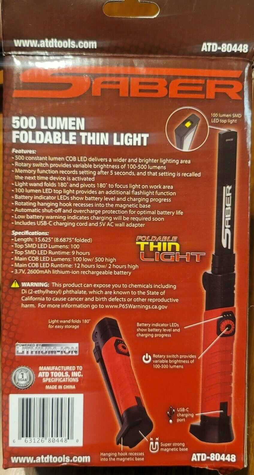ATD SABER 500 Lumen Rechargeable Folding / Rotating Thin Light Flashlight #80448