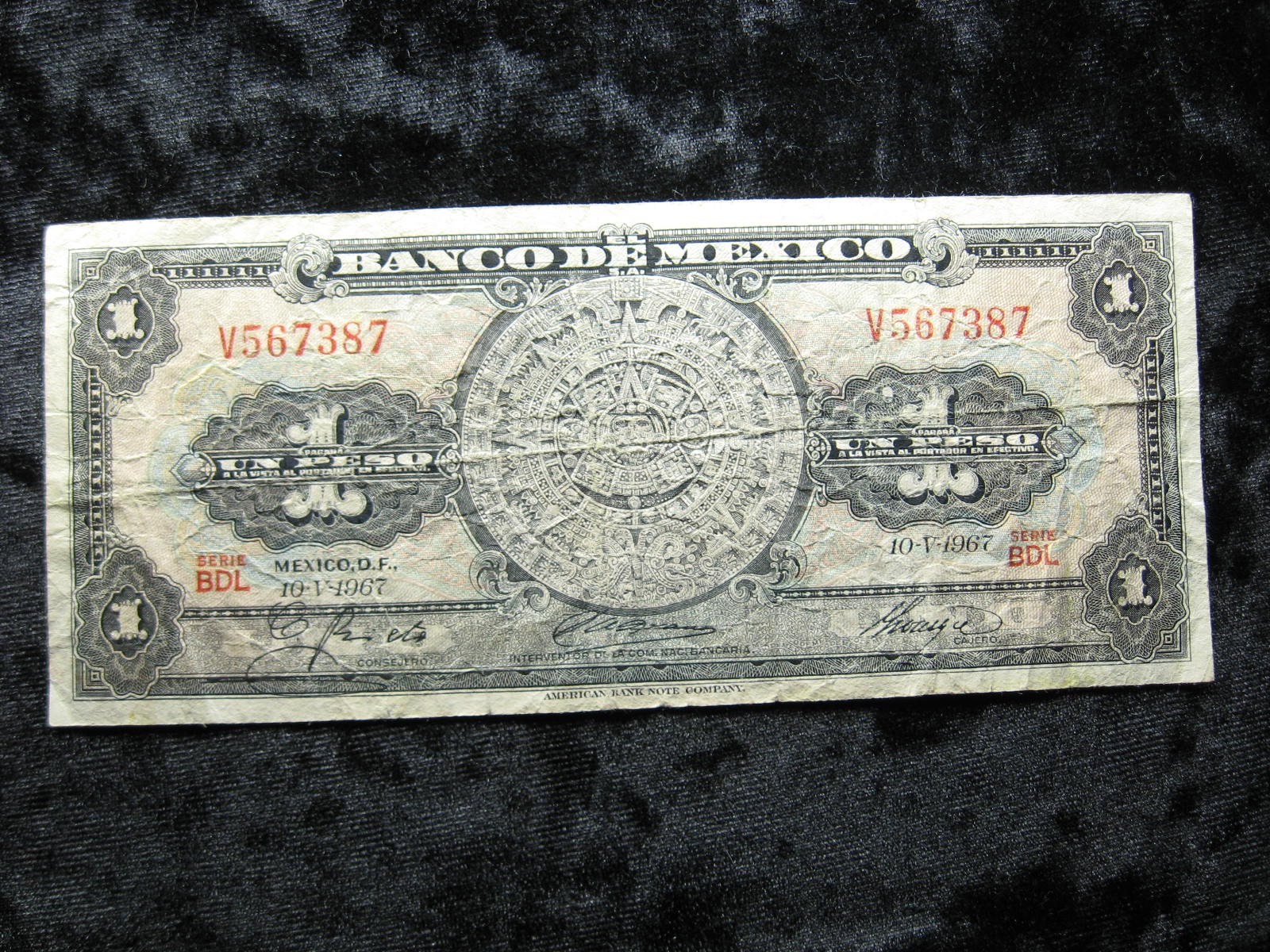 old world currency note MEXICO 1 peso 1967 P59 Aztec Calendar #387