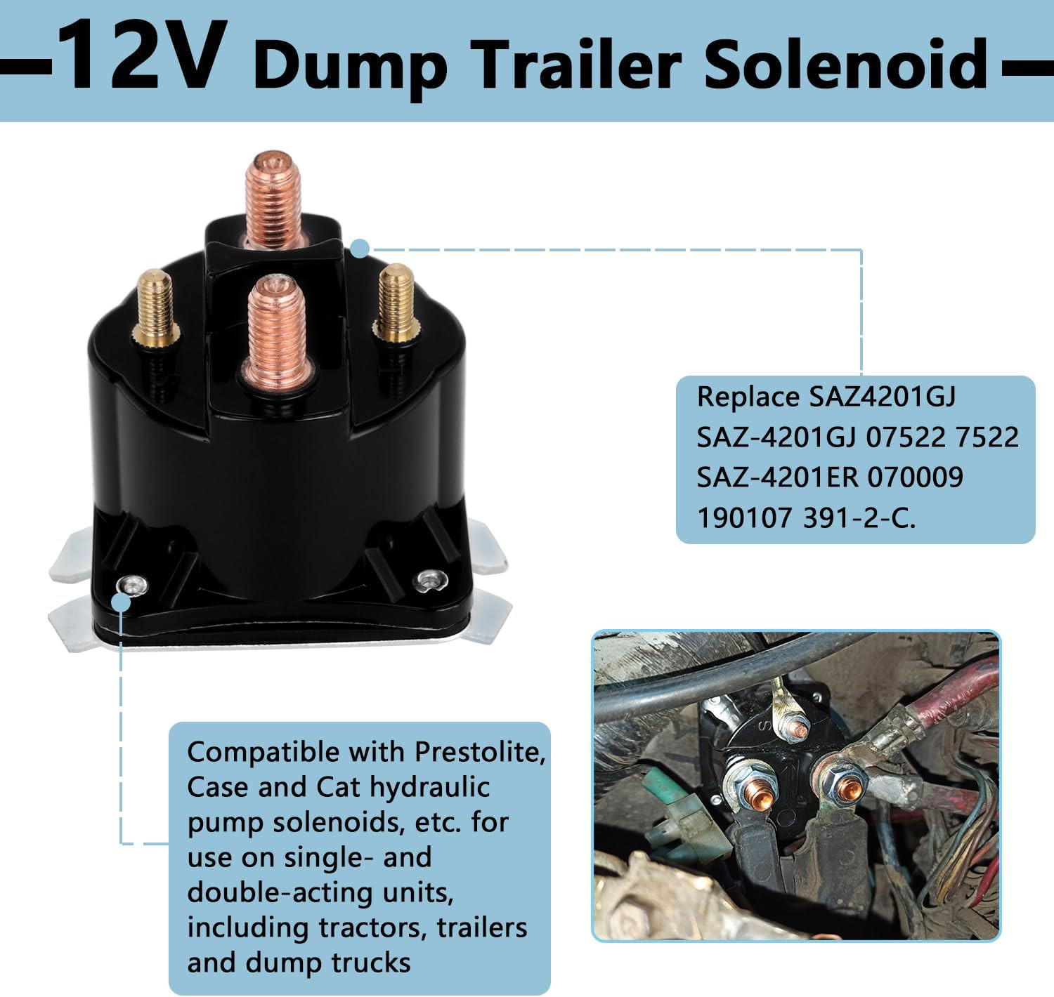 Dump Trailer Solenoid 12V 4 Terminal, Replacement for Intermittent Duty Solenoid