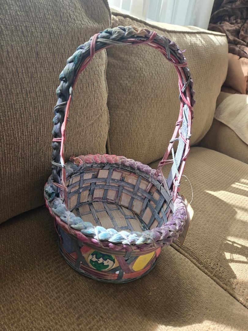 Hand Painted Woven Round Straw Easter Basket 12" tall, 7" wide